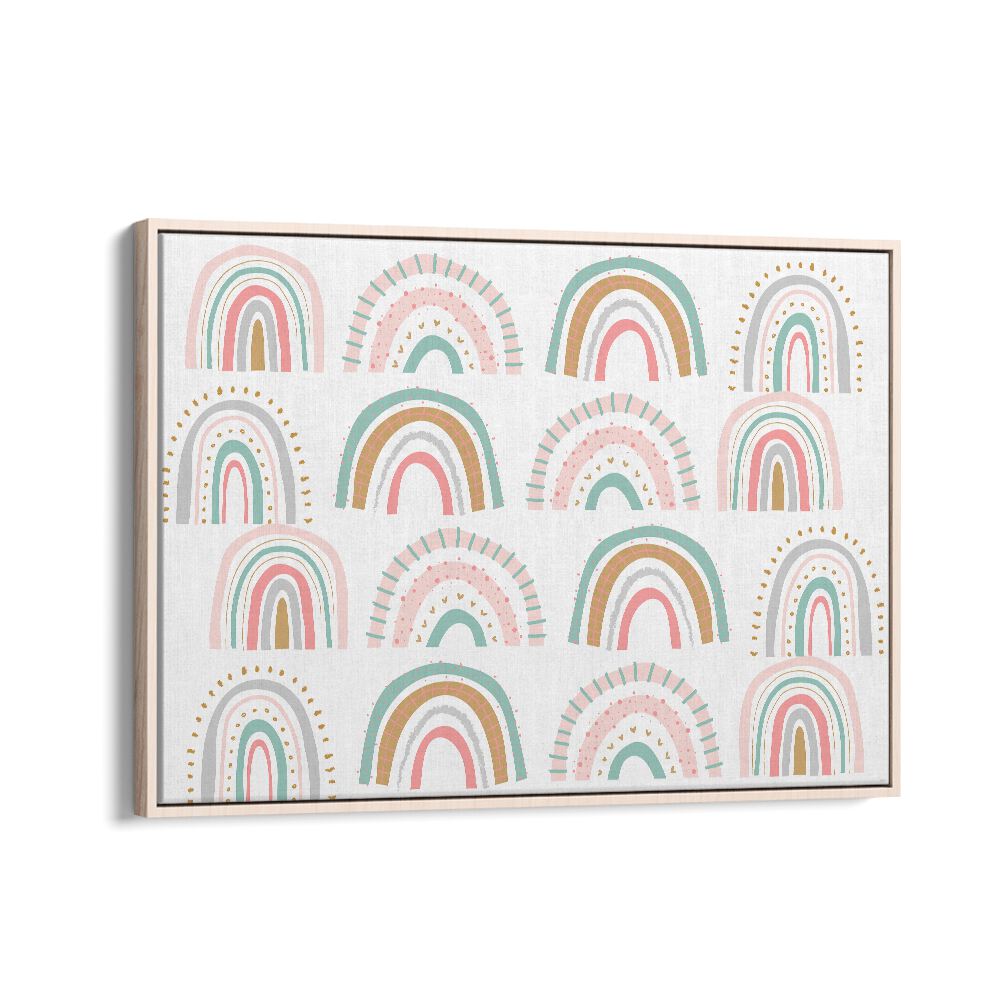 Rainbows White Kids Art Artwork in Oak Wood Floater Frame
