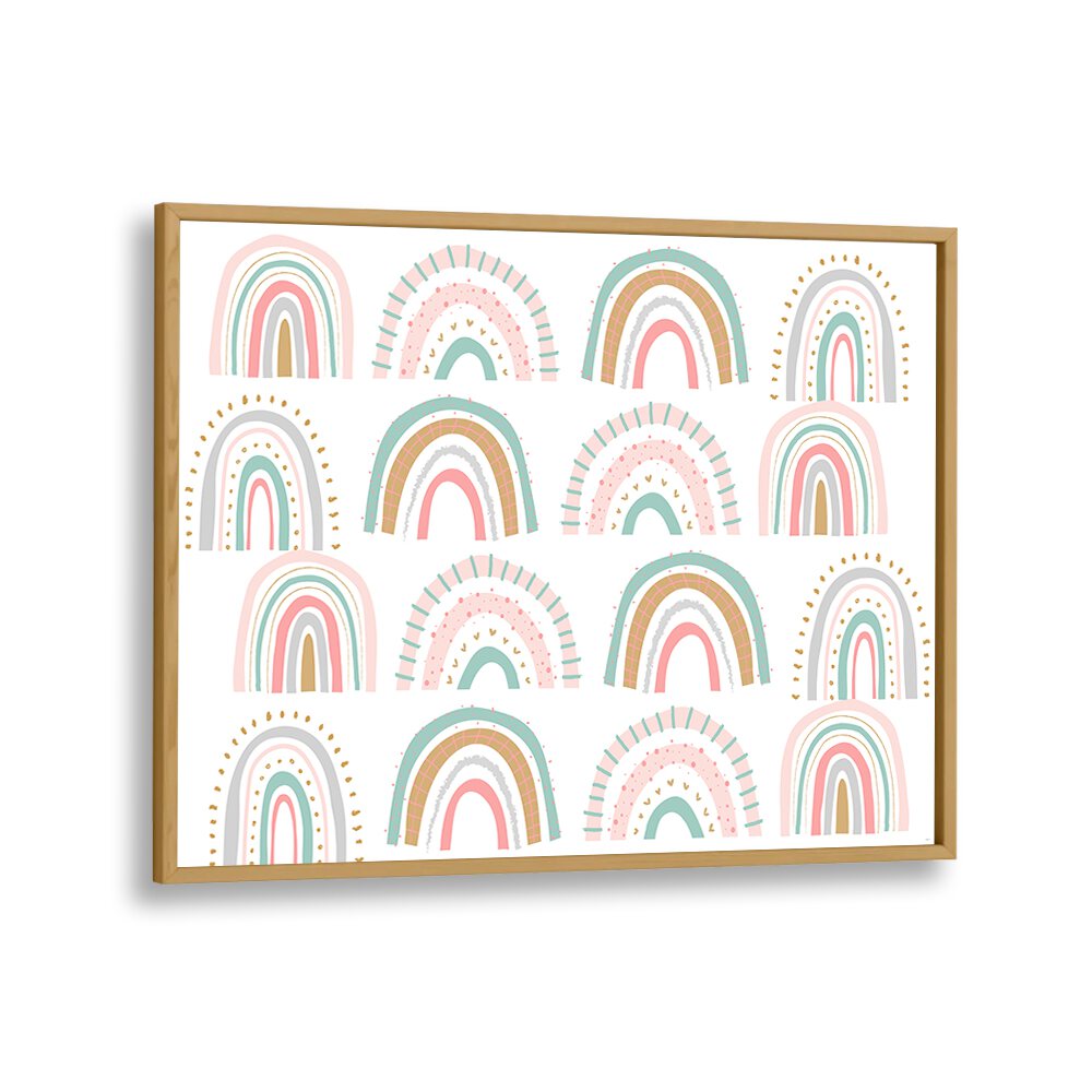 Rainbows White Kids Art Artwork in Oak Wood Plain Frame
