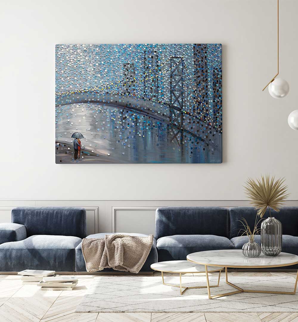 RAINY DATE WITH THE BRIDGE VIEW , MODERN IMPRESSIONISM PAINTINGS