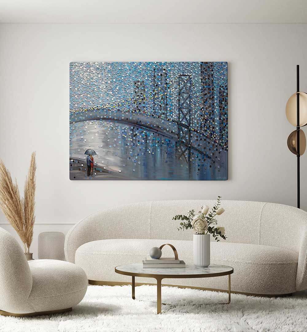 RAINY DATE WITH THE BRIDGE VIEW , MODERN IMPRESSIONISM PAINTINGS