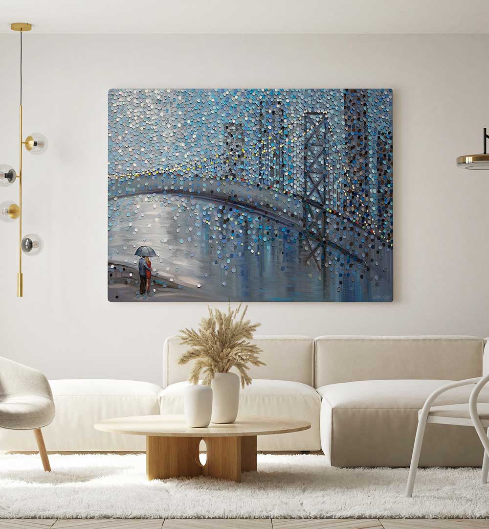 RAINY DATE WITH THE BRIDGE VIEW , MODERN IMPRESSIONISM PAINTINGS