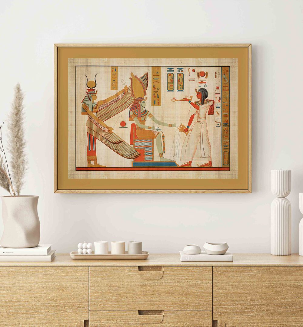 Ramesses IV 1153-1147 BC Egyptian Art Painting Artwork in Oak Wood Plain Frame placed on a White Wall above a Wooden Console Table