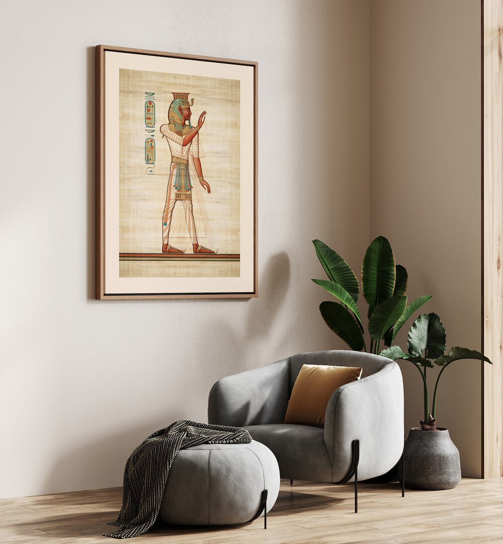 Ramses III Egyptian Art Artwork in oakwood floater frame on a beige wall above grey sofa