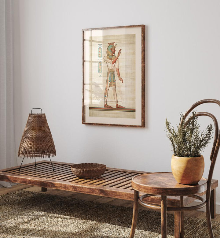 Ramses III Egyptian Art Artwork in oakwood floater frame above wooden table on a white wall