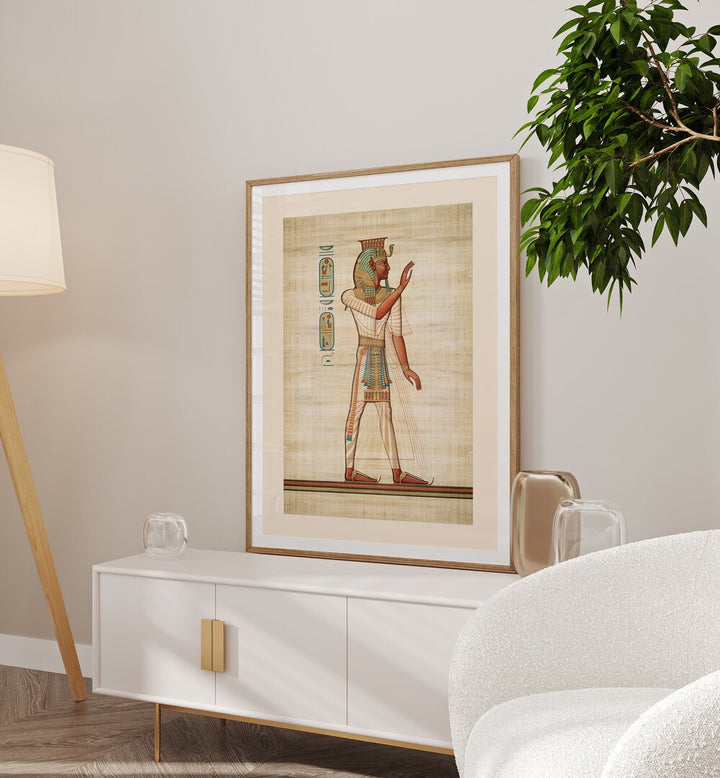 Ramses III Egyptian Art Artwork in Oakwood frame with mount on a white console table