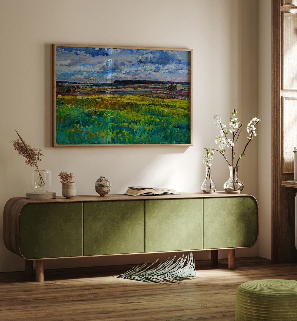 Bright rapeseed blossoms in a vibrant landscape painting, perfect for enhancing your floral decor collection.