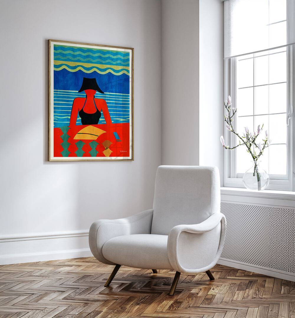 Colorful READING, BEACH PAINTINGS adorn a modern living space, evoking tranquility and relaxation through art.