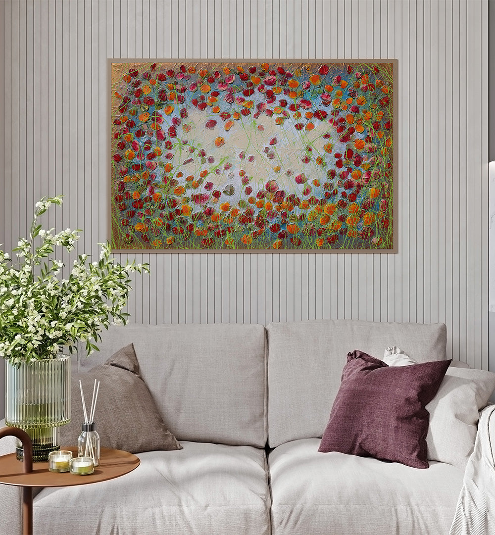 RED AND ORANGE FLOWERS , FLORAL FLOWER PAINTINGS