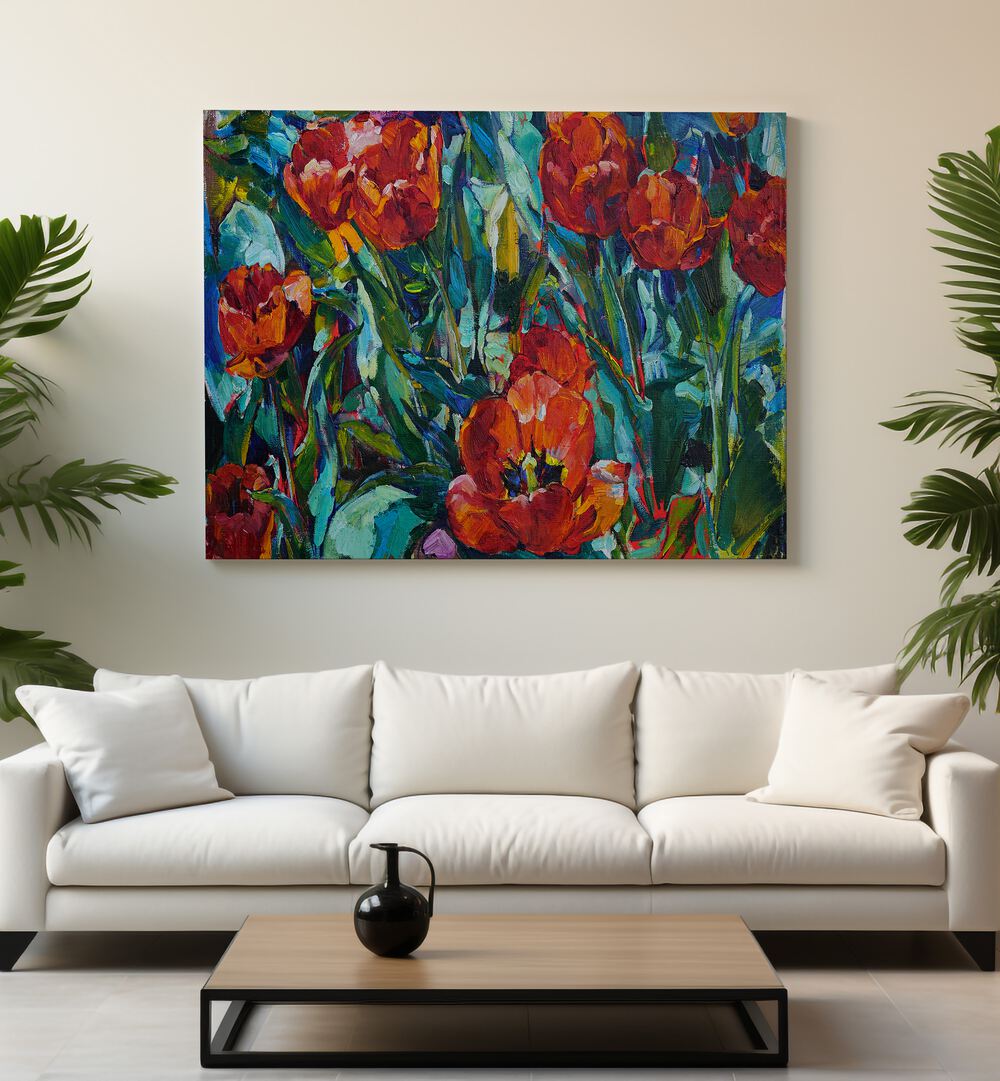 Vibrant artwork of RED FLOWERS XLVI, FLORAL FLOWER PAINTINGS, perfect for enhancing home decor and special events.