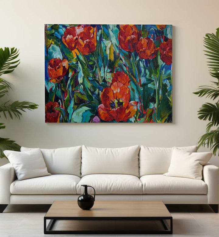 Vibrant artwork of RED FLOWERS XLVI, FLORAL FLOWER PAINTINGS, perfect for enhancing home decor and special events.