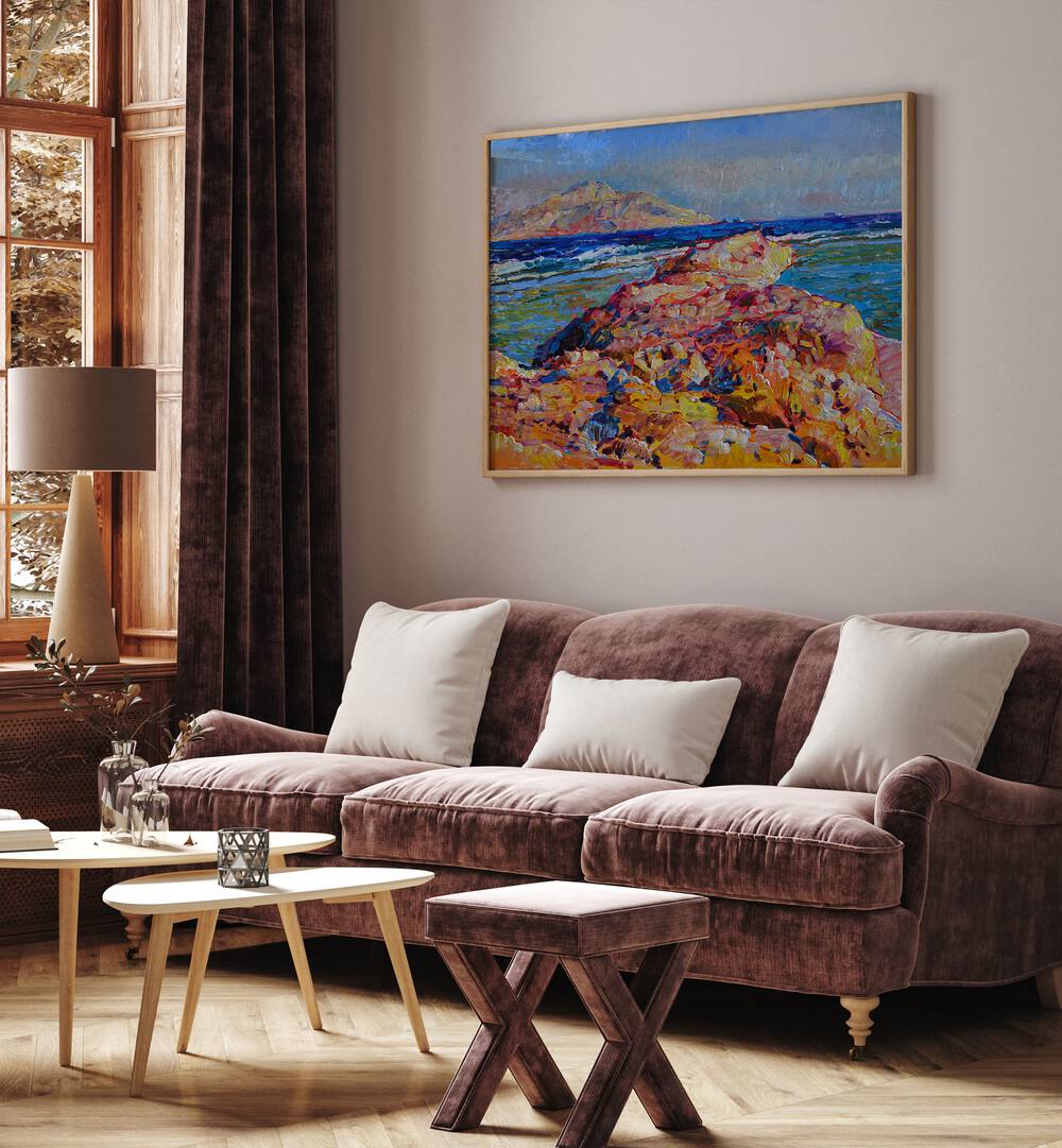 Vibrant RED SEA, LANDSCAPE PAINTINGS adorn a stylish living room, showcasing aquatic beauty and artistic flair.