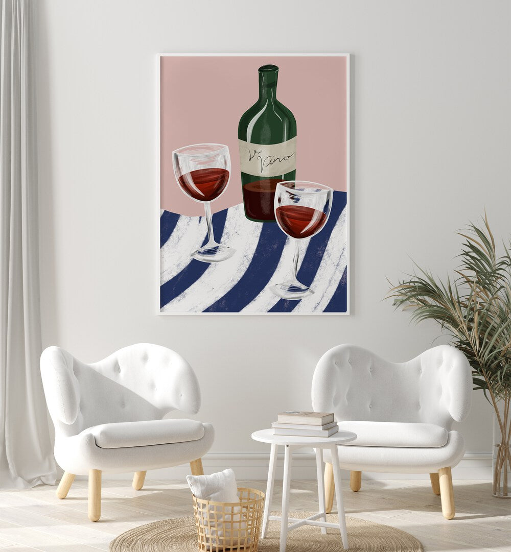 Enjoy a cozy ambiance with RED WINE UNDER THE TREE, BAR & CAFE ART featuring wine and glasses on a stylish table.