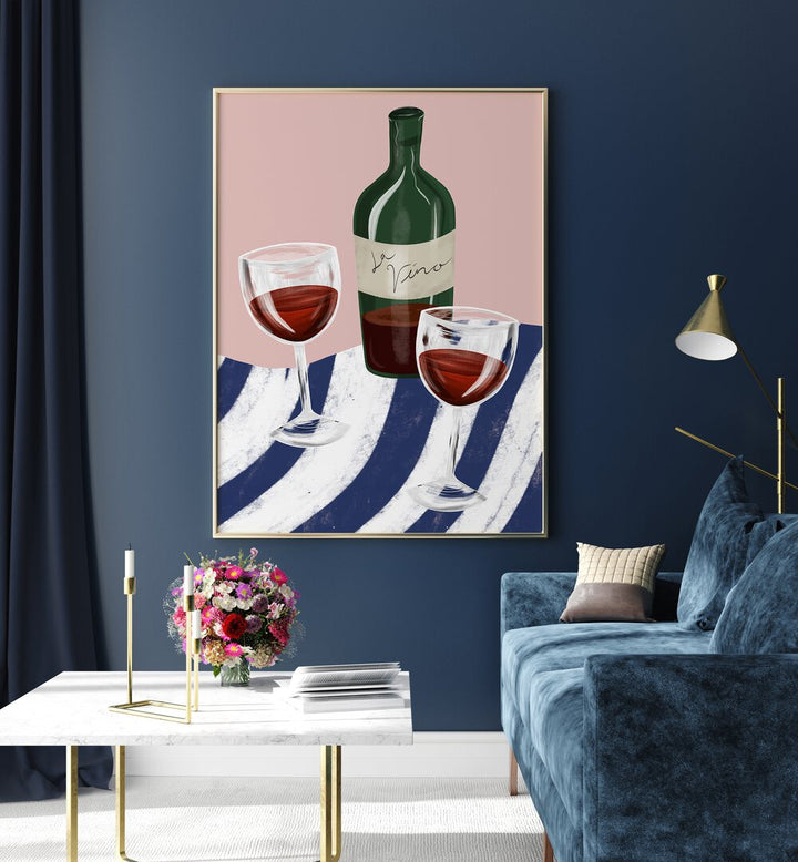 Decorate your space with the RED WINE UNDER THE TREE, BAR art, featuring elegant wine glasses and a bottle.