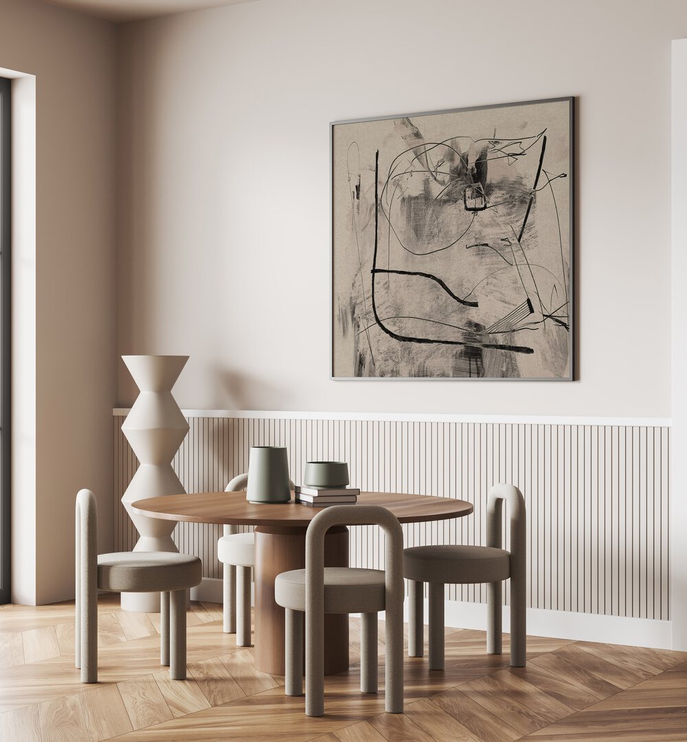Stylish dining area featuring the RETREAT, ABSTRACT PAINTINGS, enhancing tranquility and modern decor.