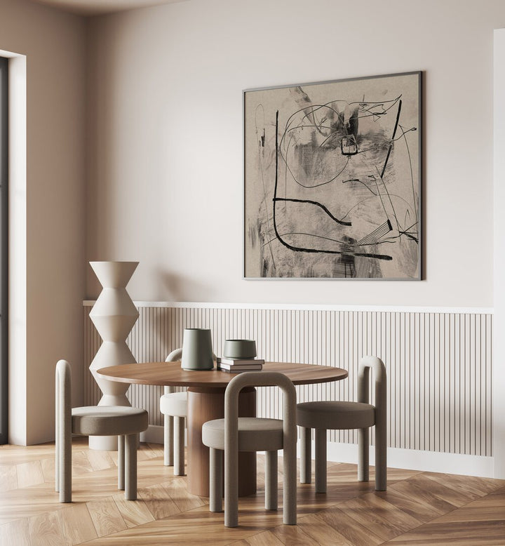 Stylish dining area featuring the RETREAT, ABSTRACT PAINTINGS, enhancing tranquility and modern decor.