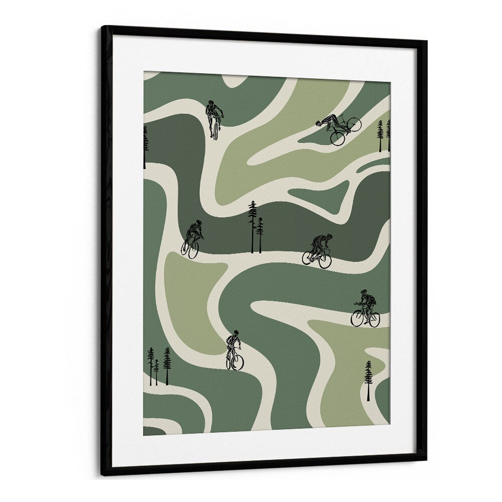 Retro cycling green Sports Art Artwork in Black Frame With Moun