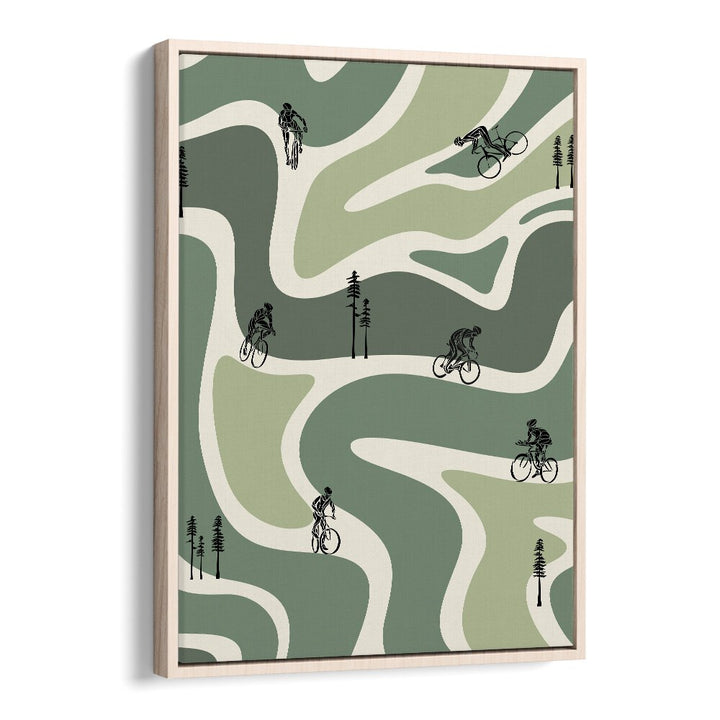 Retro cycling green Sports Art Artwork in Oak Wood Floater Frame