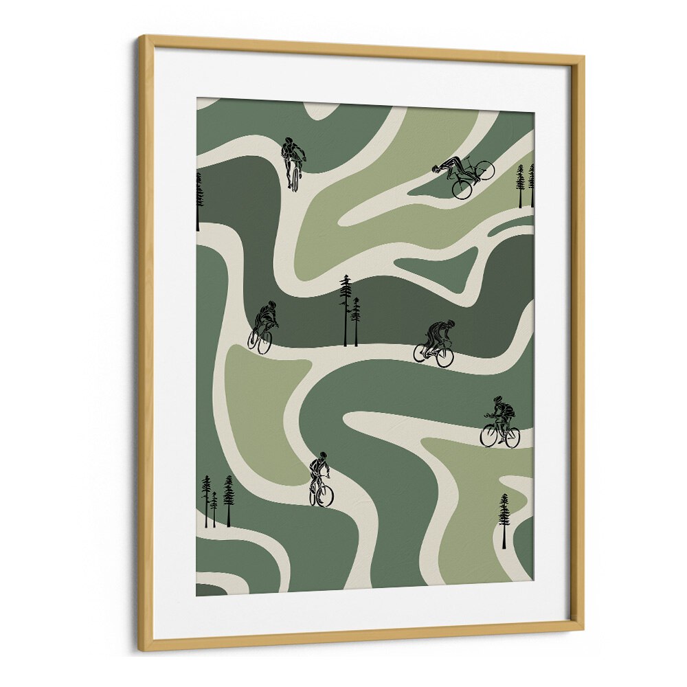 Retro cycling green Sports Art Artwork in Oak Wood Frame With Mount