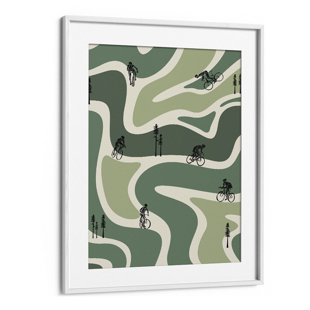 Retro cycling green Sports Art Artwork in White Frame With Mount