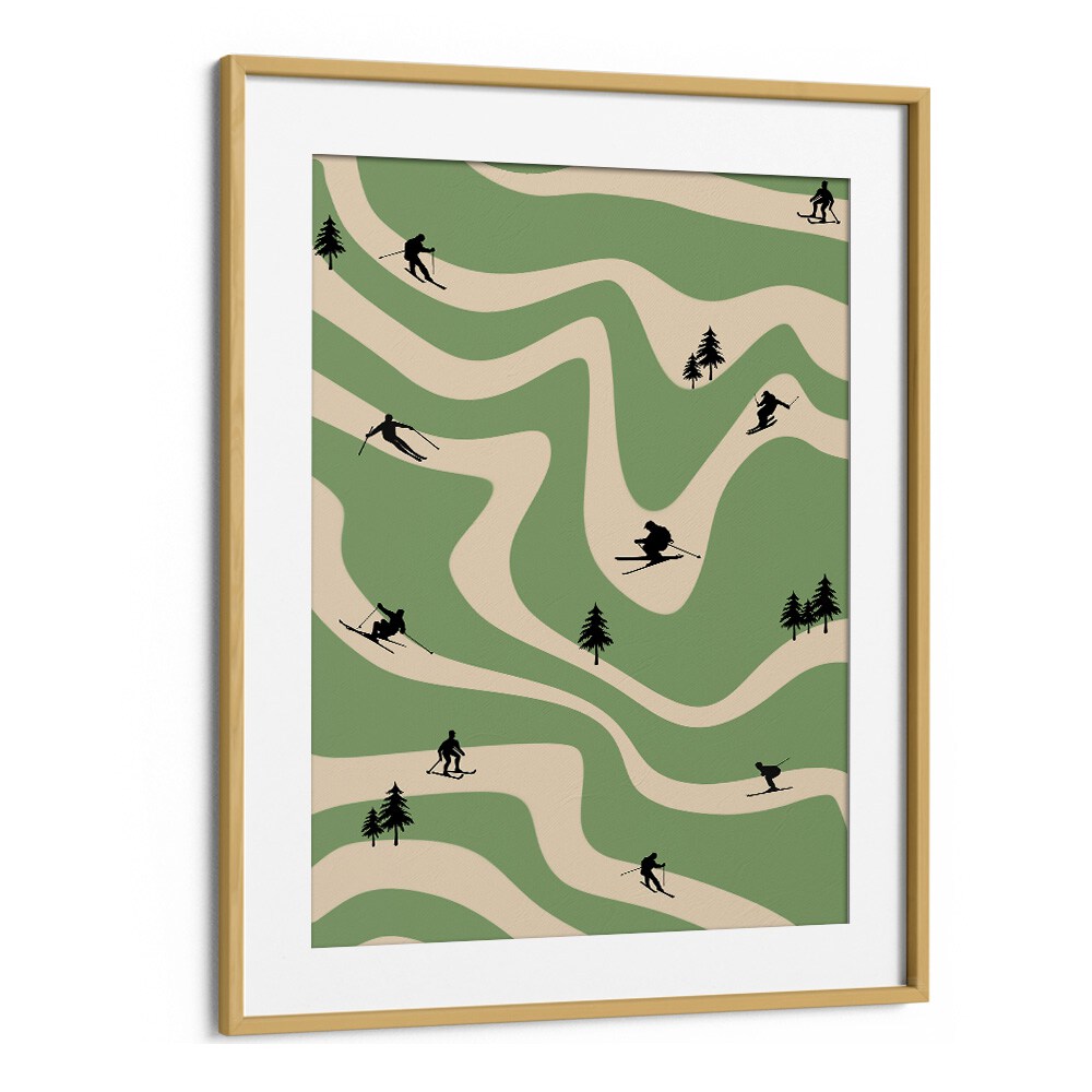 Retro ski art Sports Art Artwork in Oak Wood Frame With Mount