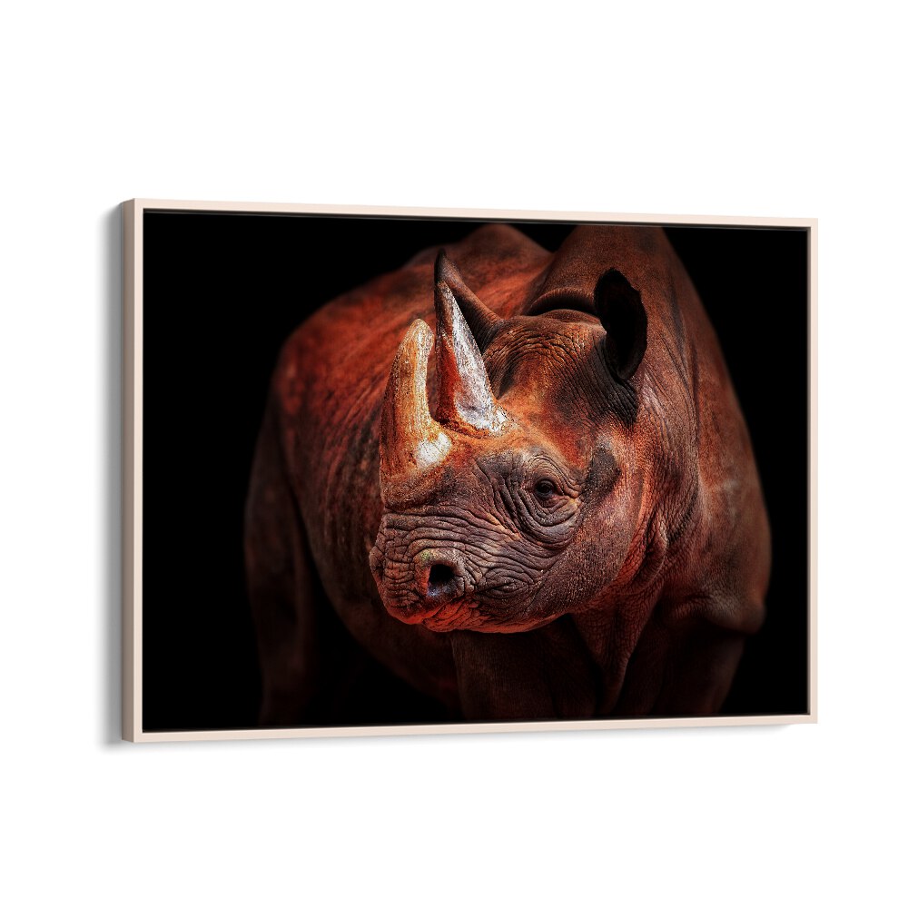 RHINO POSING WILDLIFE PHOTOGRAPHY in Oak Wood Floater Frame