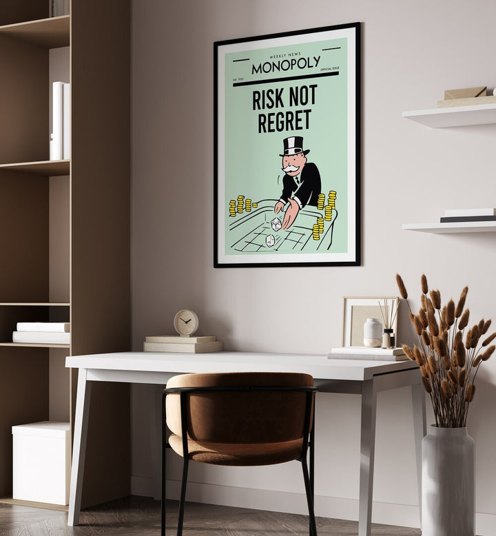 Risk not Regret Money Art Artwork on black frame with mount hanging on wall above study table