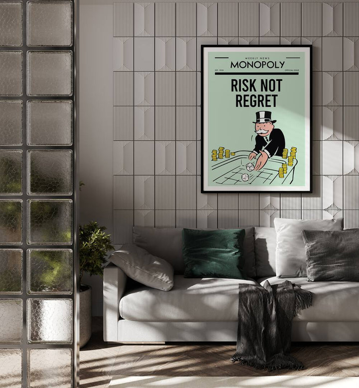 Risk not Regret Money Art Artwork in black frame with mount hanging on wall above sofa in living space