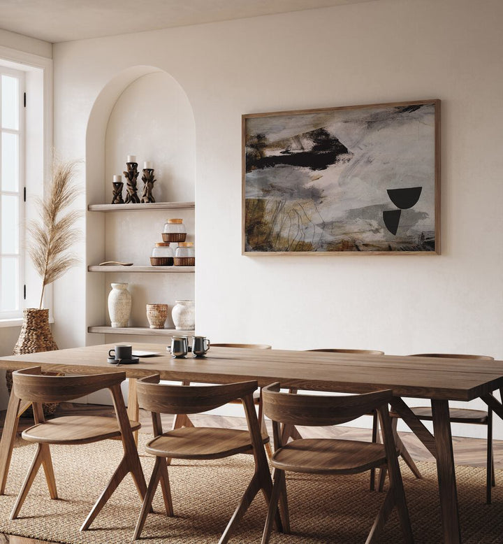 Stylish dining area featuring RIVEN Abstract Paintings, merging color and emotion for a captivating atmosphere.