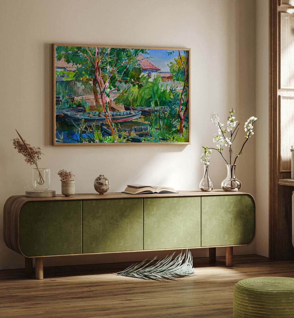 RIVER VILLAGE, LANDSCAPE PAINTINGS enhance your décor with serene waterside charm and vibrant colors.