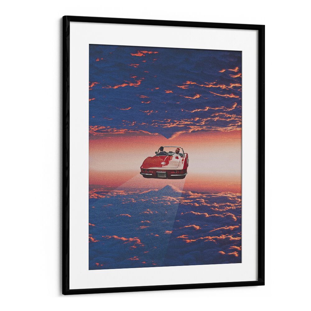 Road Trip In Clouds Surreal Painting Artwork in Black Frame With Mount