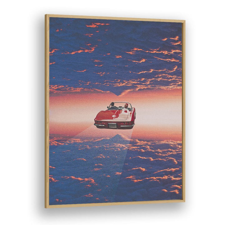 Road Trip In Clouds Surreal Painting Artwork in Oak Wood Plain Frame
