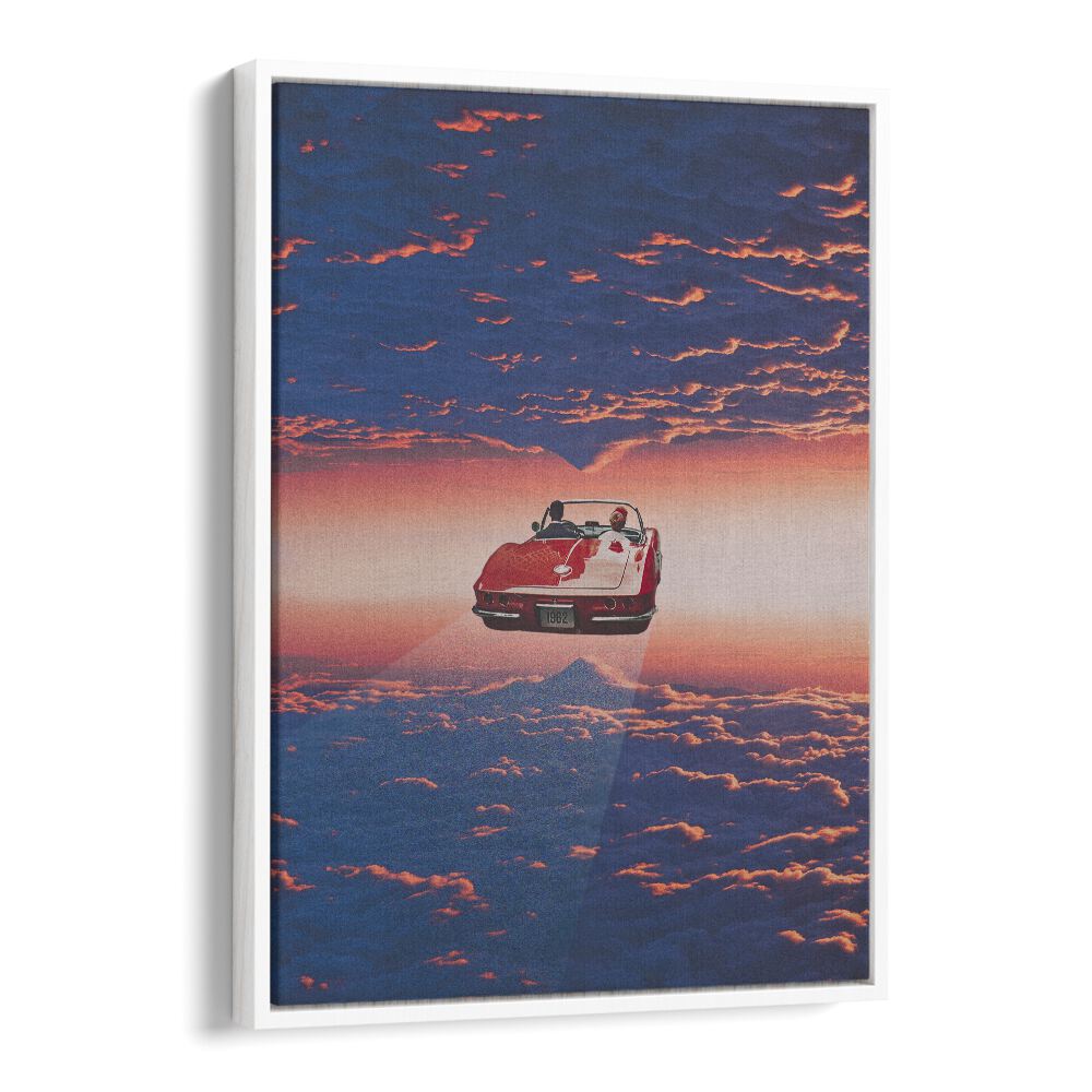 Road Trip In Clouds  Surreal Painting Artwork  in White Floater Frame