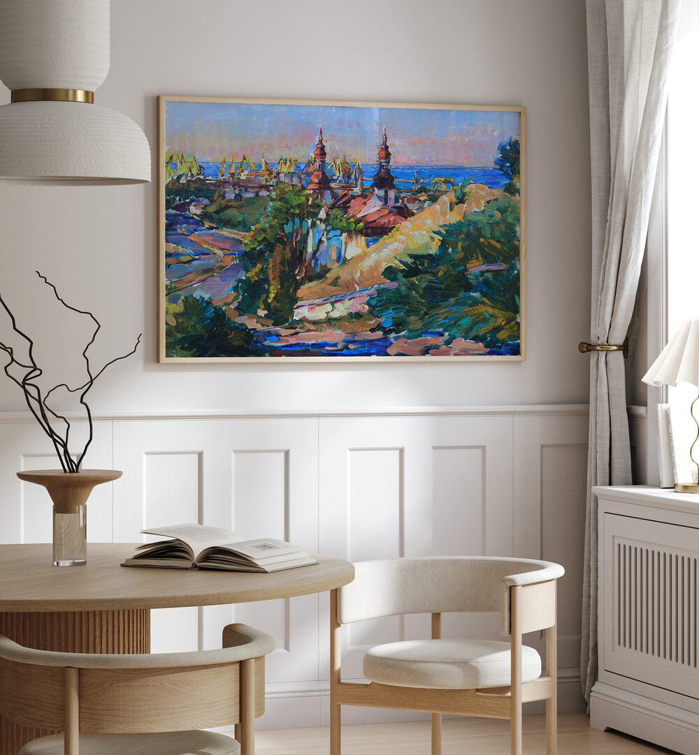 Vibrant ROAD TO THE SEA, LANDSCAPE PAINTINGS adorn a stylish interior, capturing the essence of coastal adventure.