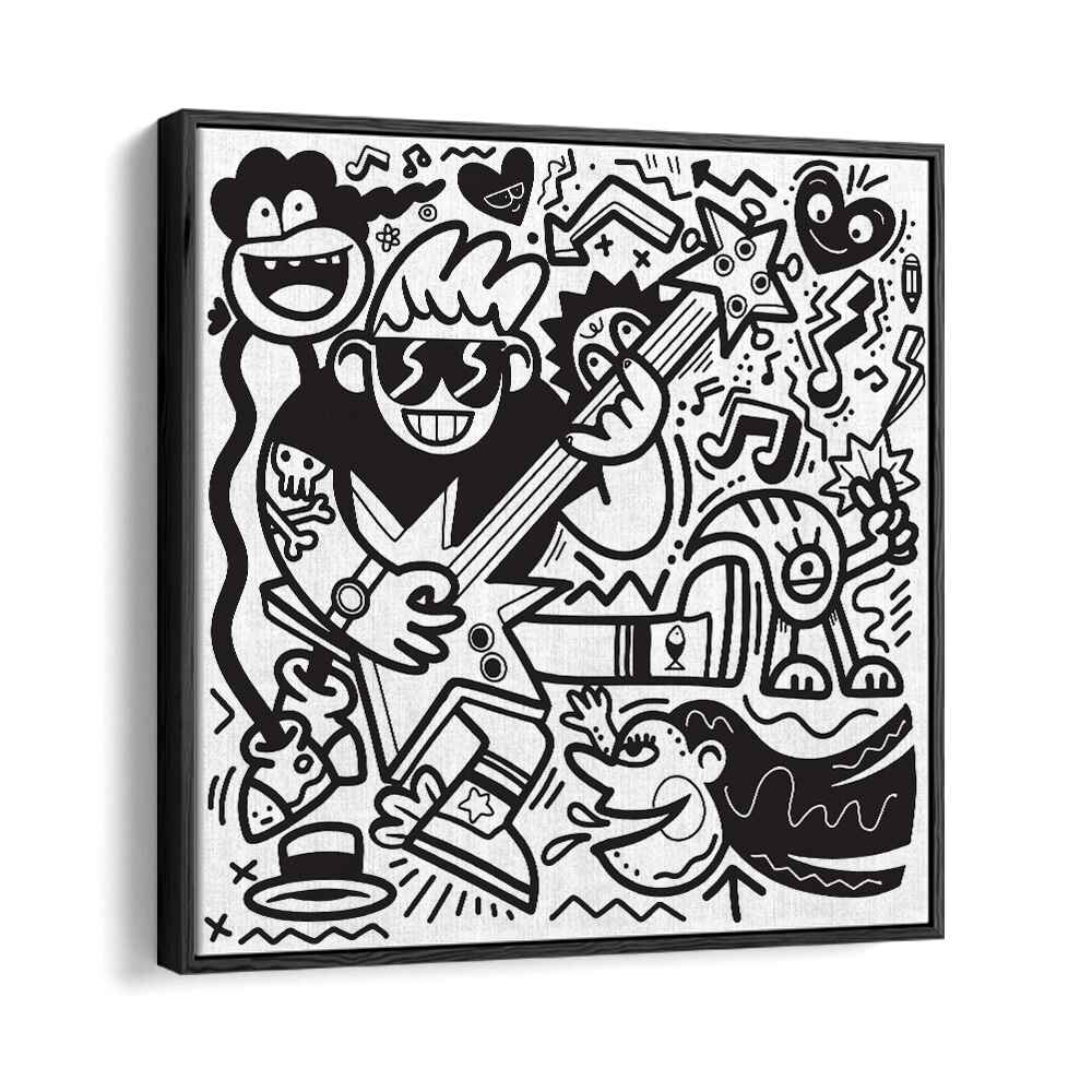 Rockstar Doodle B&w Doodle Art Artwork in Black Floater Frame