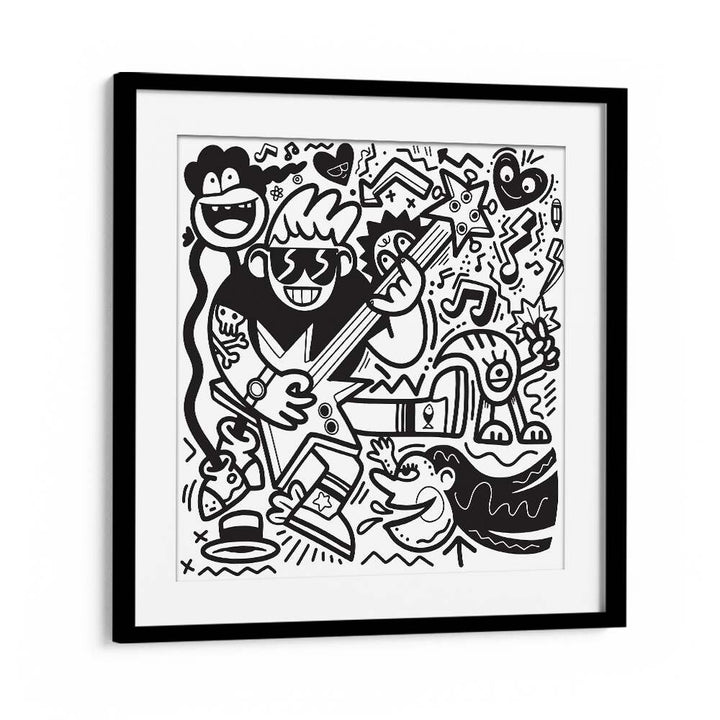 Rockstar Doodle B&w Doodle Art Artwork in Black Frame With Mount