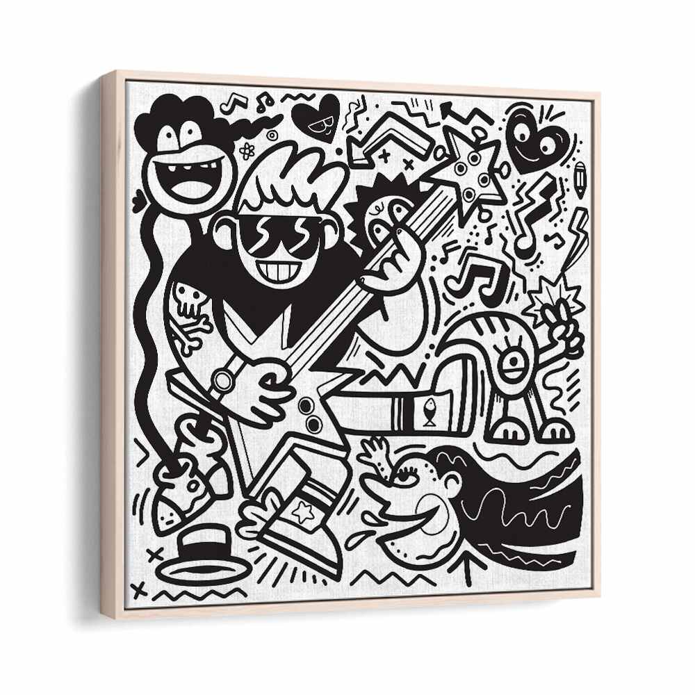 Rockstar Doodle B&w Doodle Art Artwork in Oak Wood Floater Frame