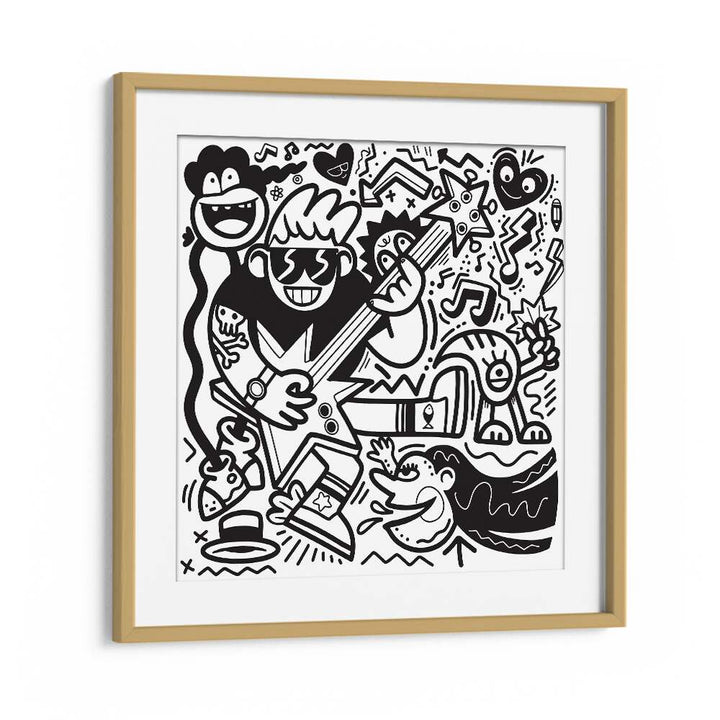 Rockstar Doodle B&w Doodle Art Artwork in Oak Wood Frame With Mount