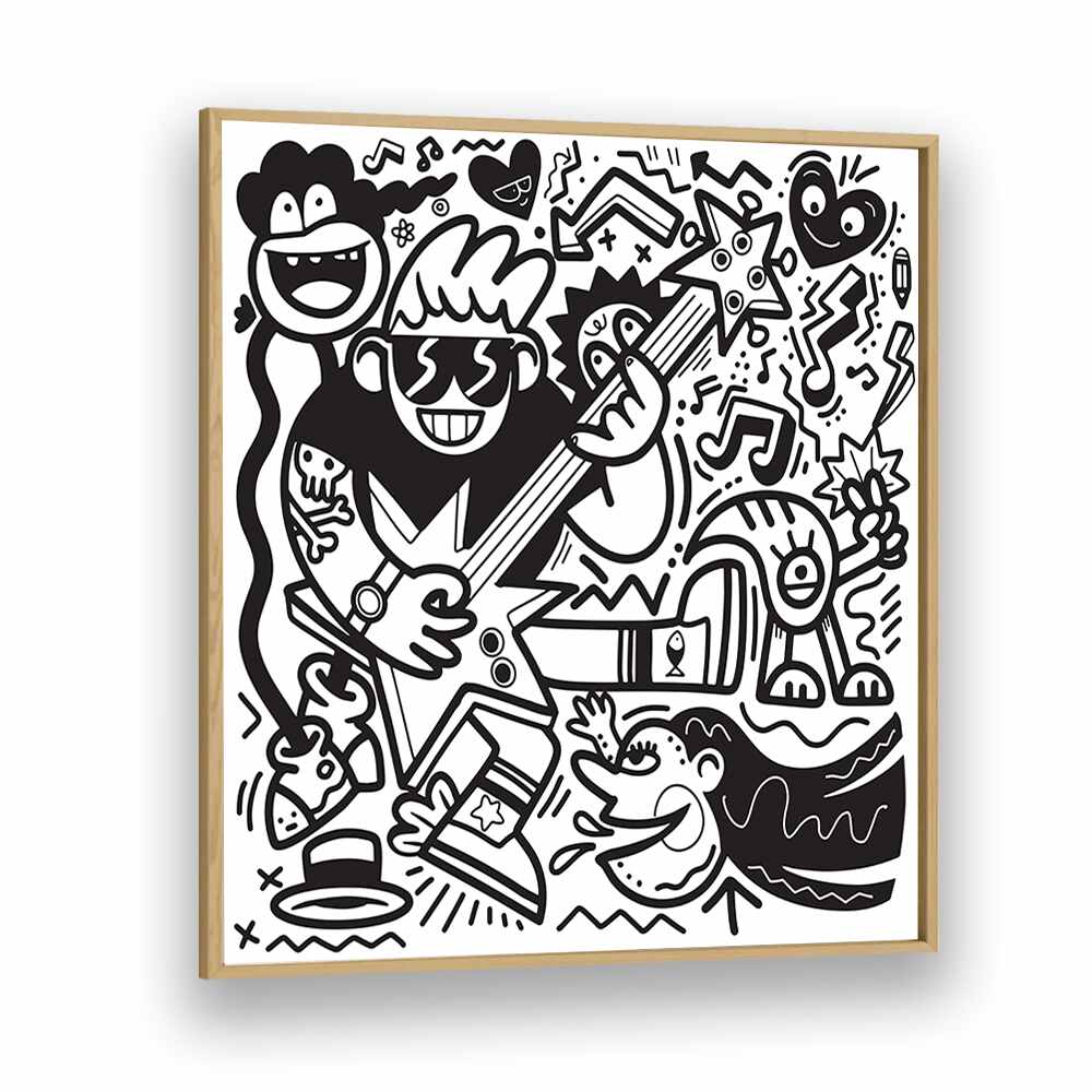 Rockstar Doodle B&w Doodle Art Artwork in Oak Wood Plain Frame