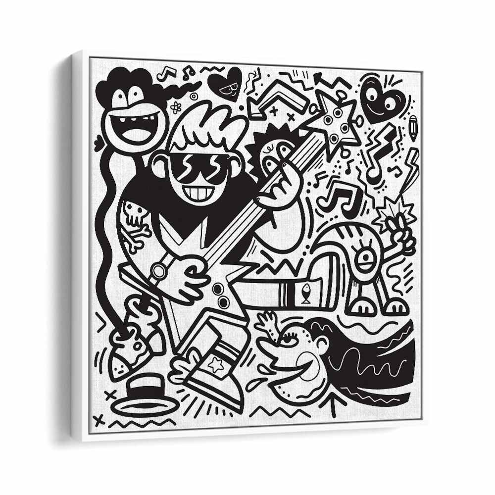 Rockstar Doodle B&w Doodle Art Artwork in White Floater Frame