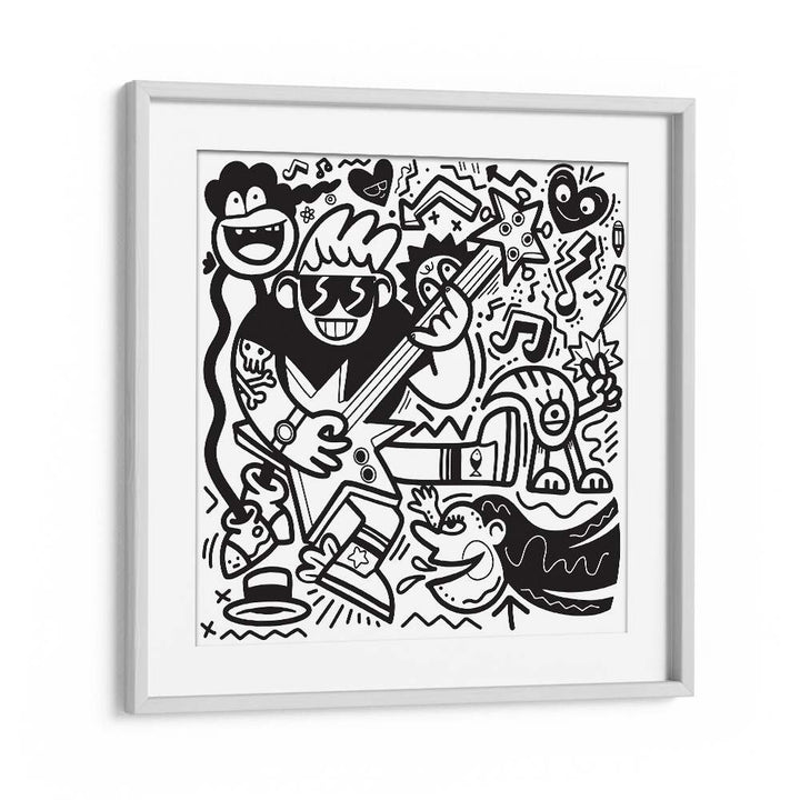 Rockstar Doodle B&w Doodle Art Artwork in White Frame With Mount