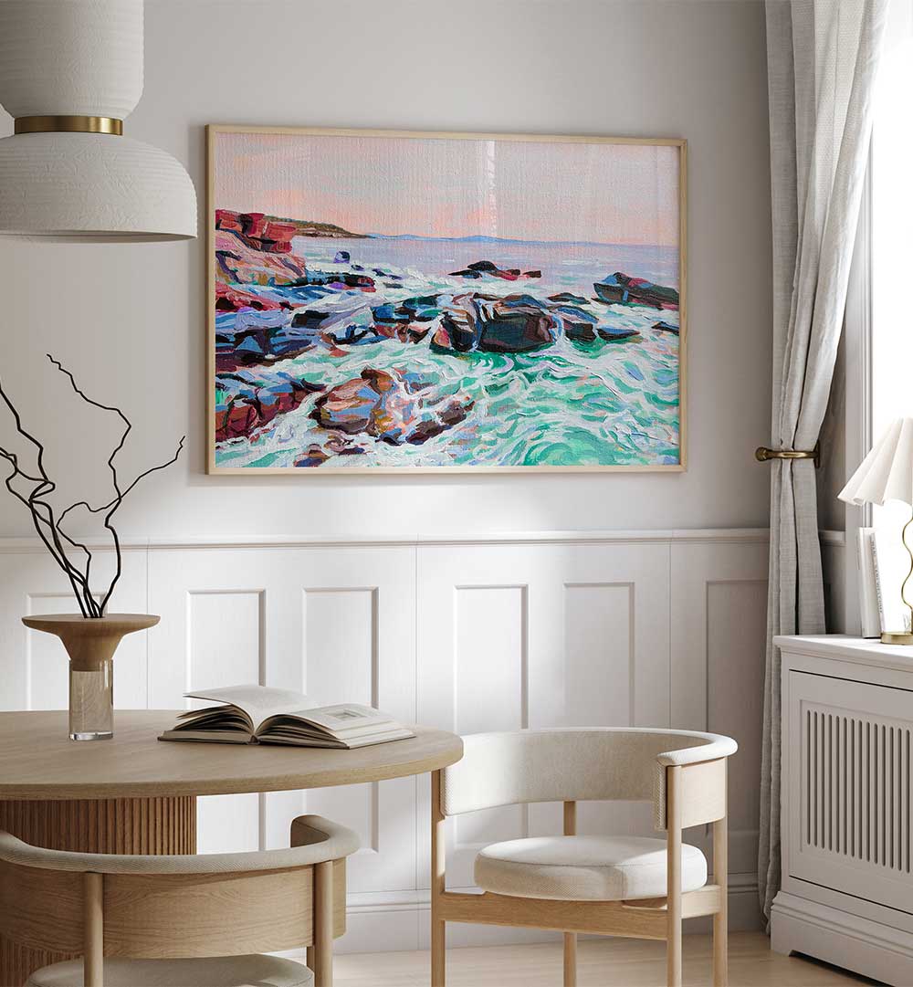 THUNDER HOLE , BEACH PAINTINGS seascape canvas of rocky coast with crashing waves and sea spray, Coastal Gallery
