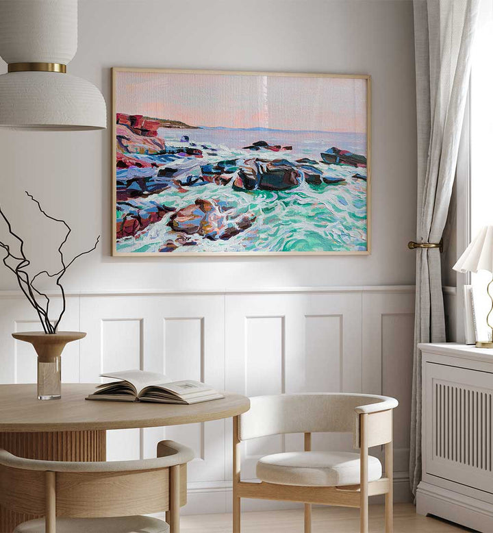 THUNDER HOLE , BEACH PAINTINGS seascape canvas of rocky coast with crashing waves and sea spray, Coastal Gallery