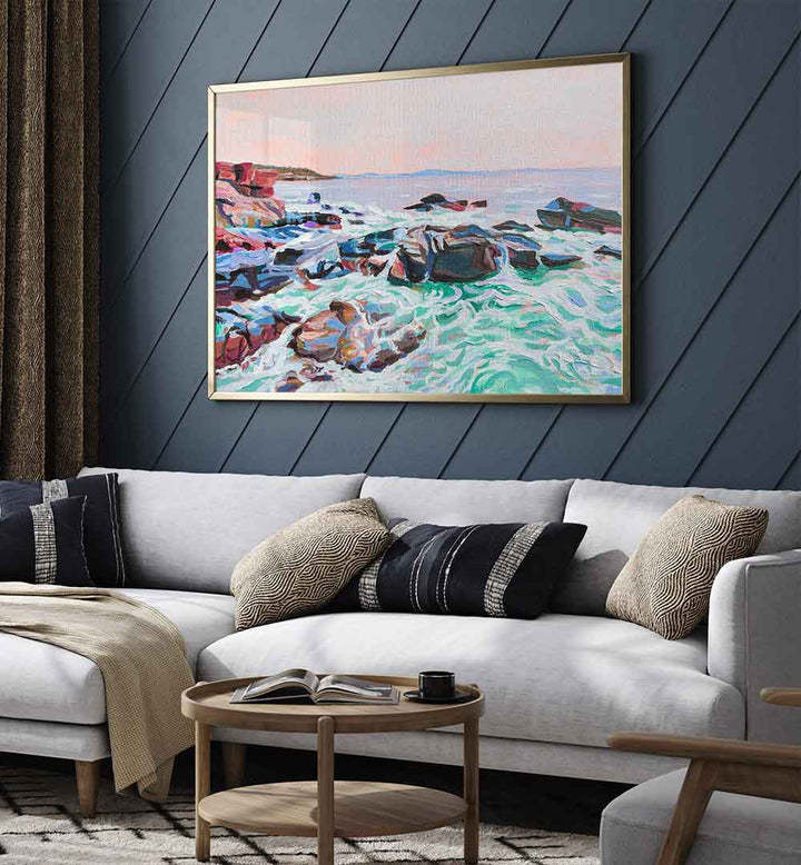 THUNDER HOLE , BEACH PAINTINGS framed rocky coast seascape with crashing waves above living room sofa