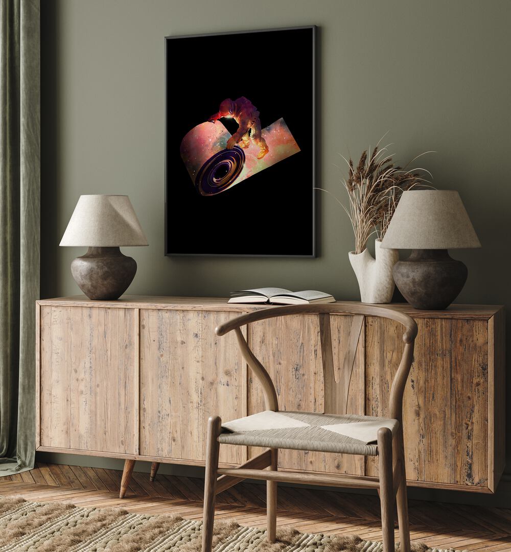 Roll Out By Francis Minoza Astronaut & Nasa Paintings, Space Art Prints Artwork in Black Plain Frame placed on an Olive Green Colored Wall above a Console Table in the Drawing Room

