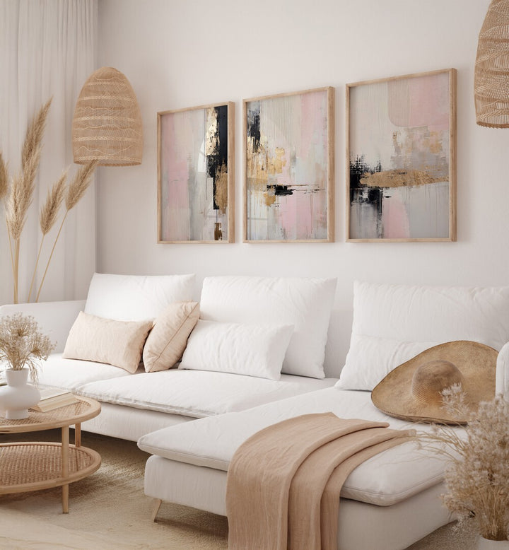 Stylish ROSY HAZE SET, SET OF 3 PAINTINGS, enhancing modern interiors with warmth and tranquility.