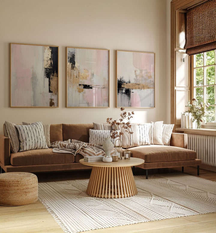 Enhance your decor with the ROSY HAZE SET, SET OF 3 PAINTINGS, perfect for warmth and tranquility in any space.