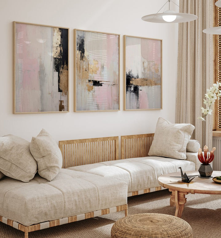 Enhance your space with the ROSY HAZE SET, SET OF 3 PAINTINGS, bringing warmth and tranquility to any decor.