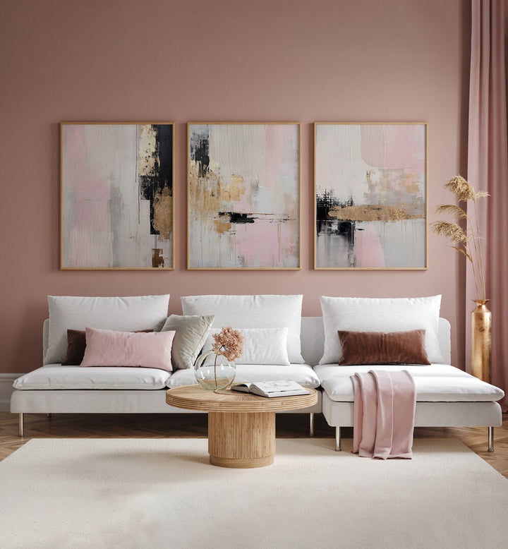 Elevate your decor with the ROSY HAZE SET, SET OF 3 PAINTINGS, perfect for warmth and tranquility in any space.