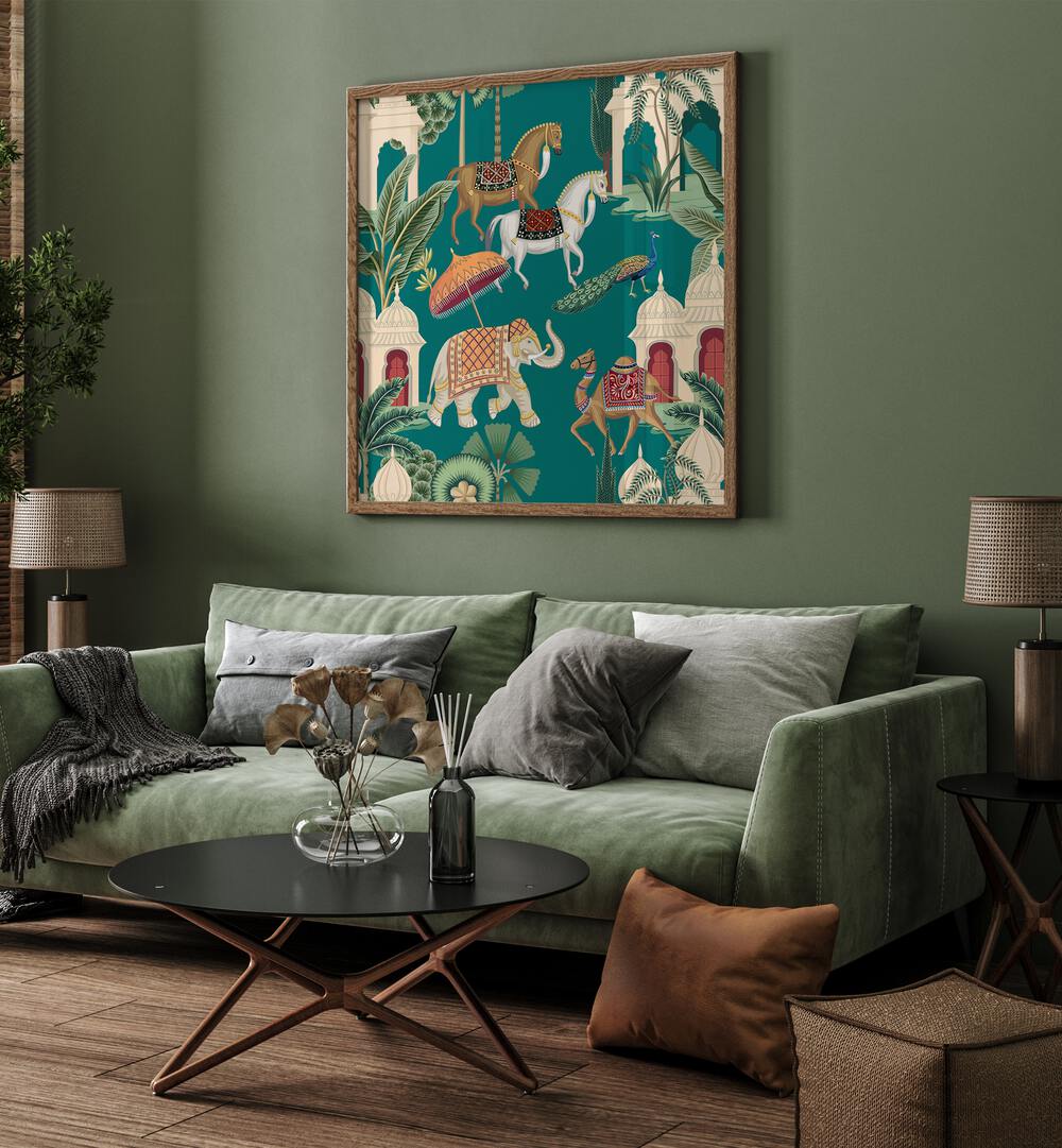 Royal Quartet Ensemble Indian Art Painting Artwork in Oak Wood Plain Frame placed on a green colored wall behind a green Sofa in the Living Room