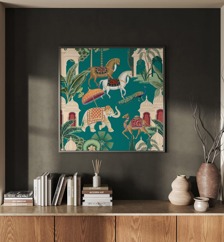 Royal Quartet Ensemble Indian Art Painting Artwork in Black Plain Frame placed on a Dark Grey Wall above a Wooden Console Table 